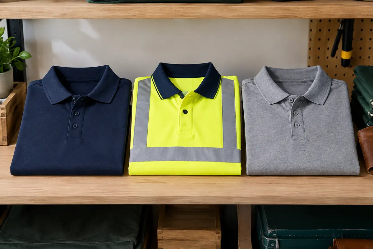 Polos professionnels pour homme présentés côte à côte, dont un modèle haute visibilité