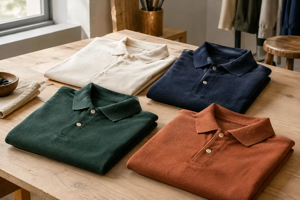 Polos pour homme pliés, dans des tons naturels, sur une table en bois clair
