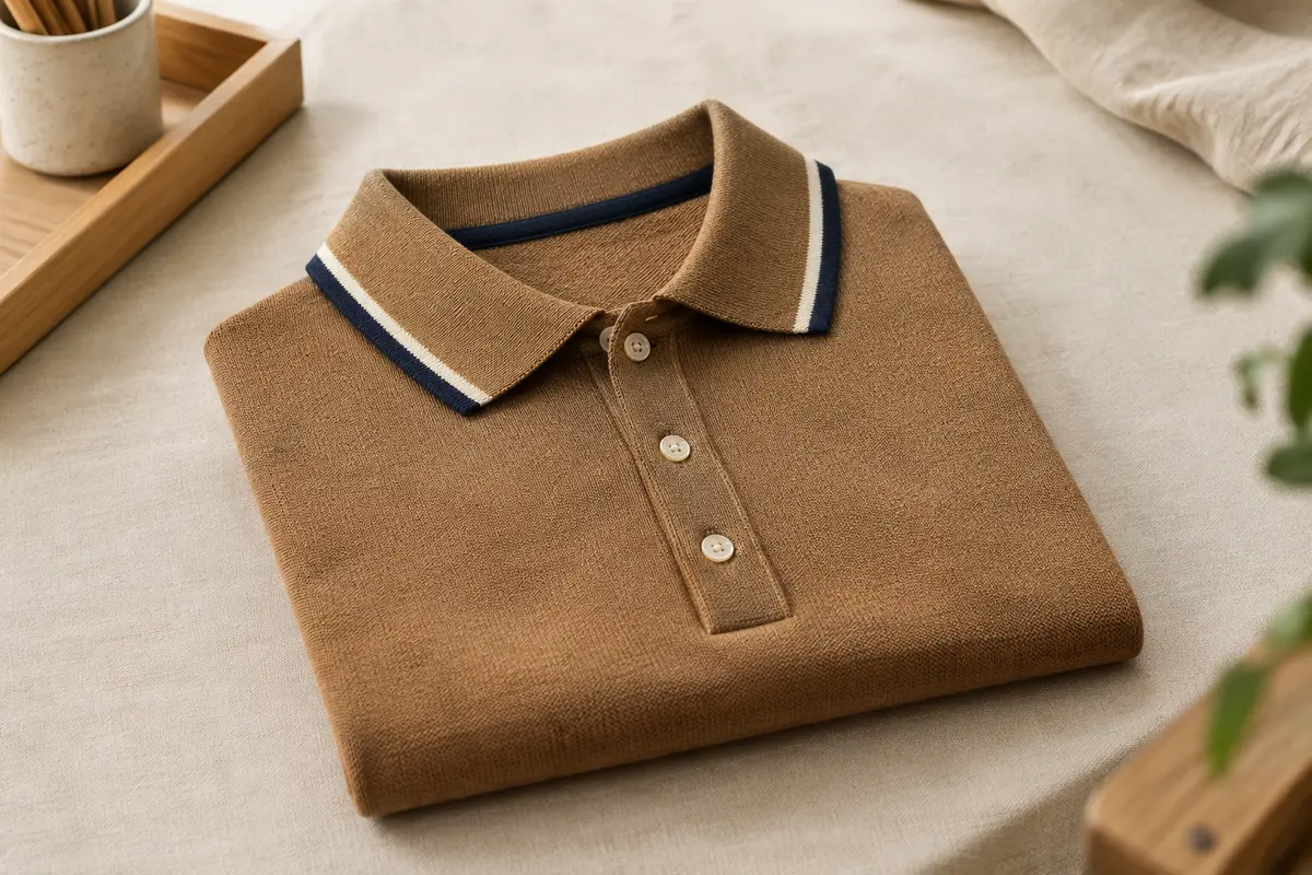 Polo en maille pour homme posé à plat, texture tricotée visible