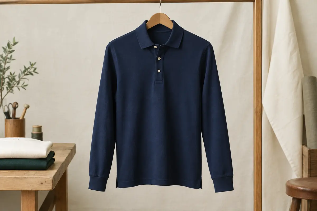 Polo pour homme à manches longues présenté à plat, poignets visibles