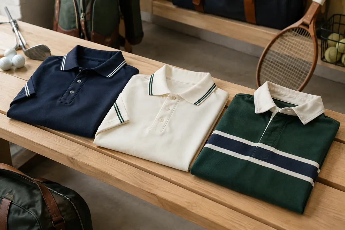 Polos de sport pour homme disposés sur un banc, dans des tons marins et clairs