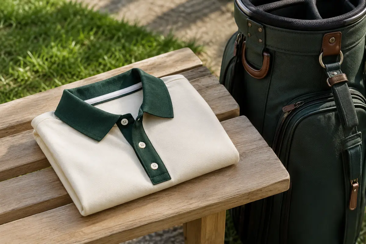 Polo de golf pour homme plié sur un banc, col et patte visibles