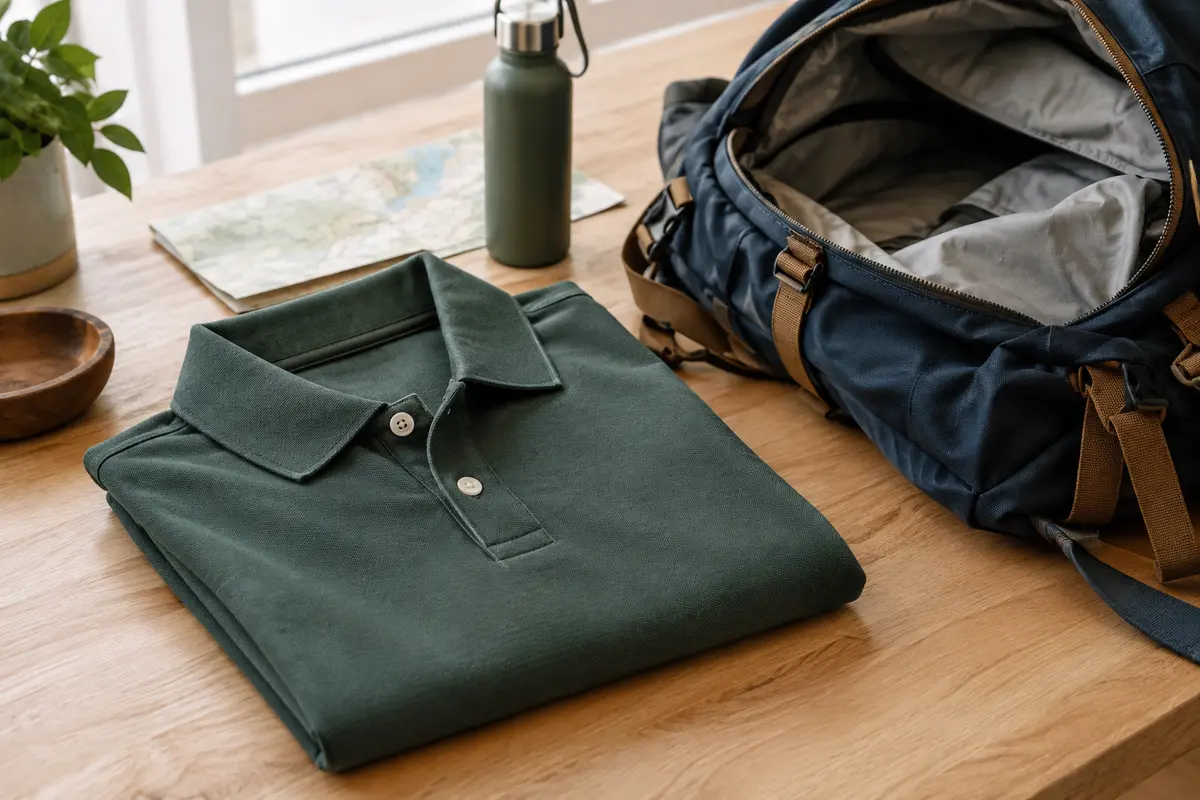 Polo pour homme posé près d’un sac à dos, avec les coutures d’épaule et le tissu bien visibles