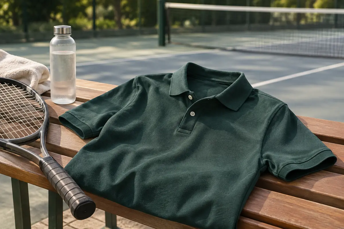 Polo de tennis posé sur un banc au bord d’un court extérieur ensoleillé