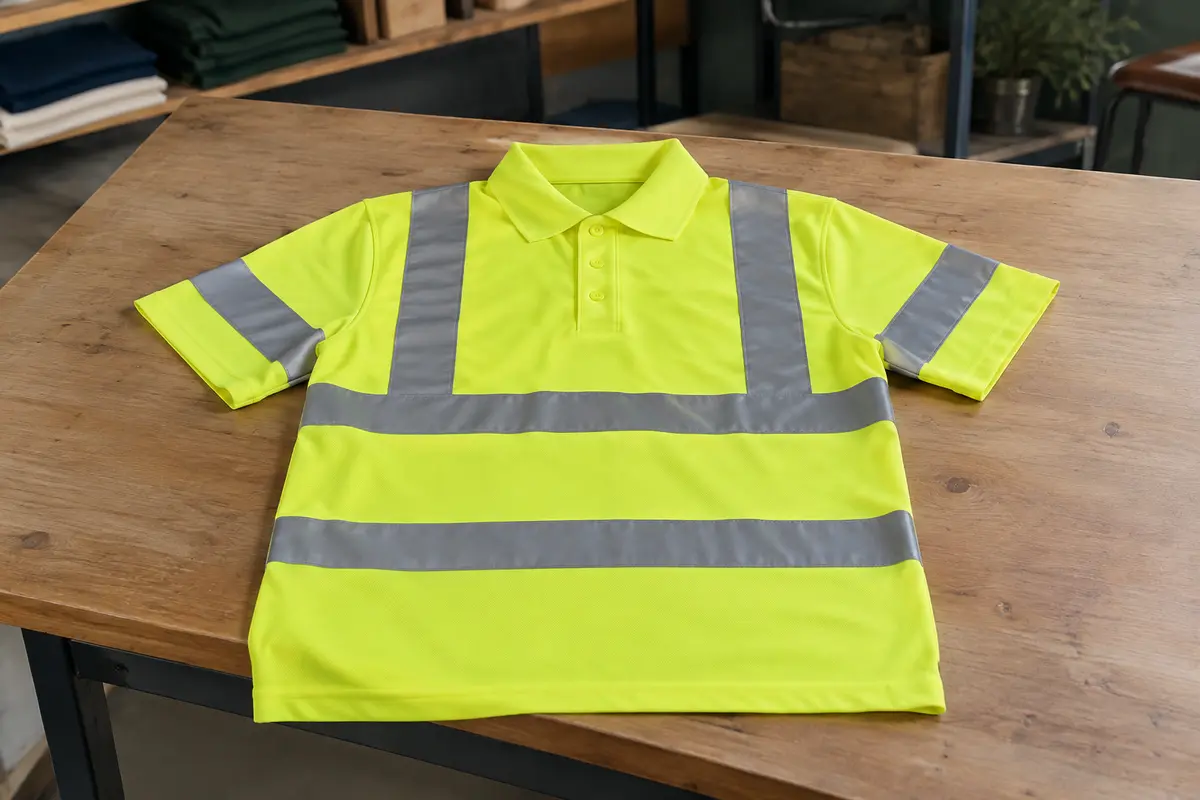 Polo professionnel jaune fluorescent à bandes rétroréfléchissantes posé à plat sur un établi.
