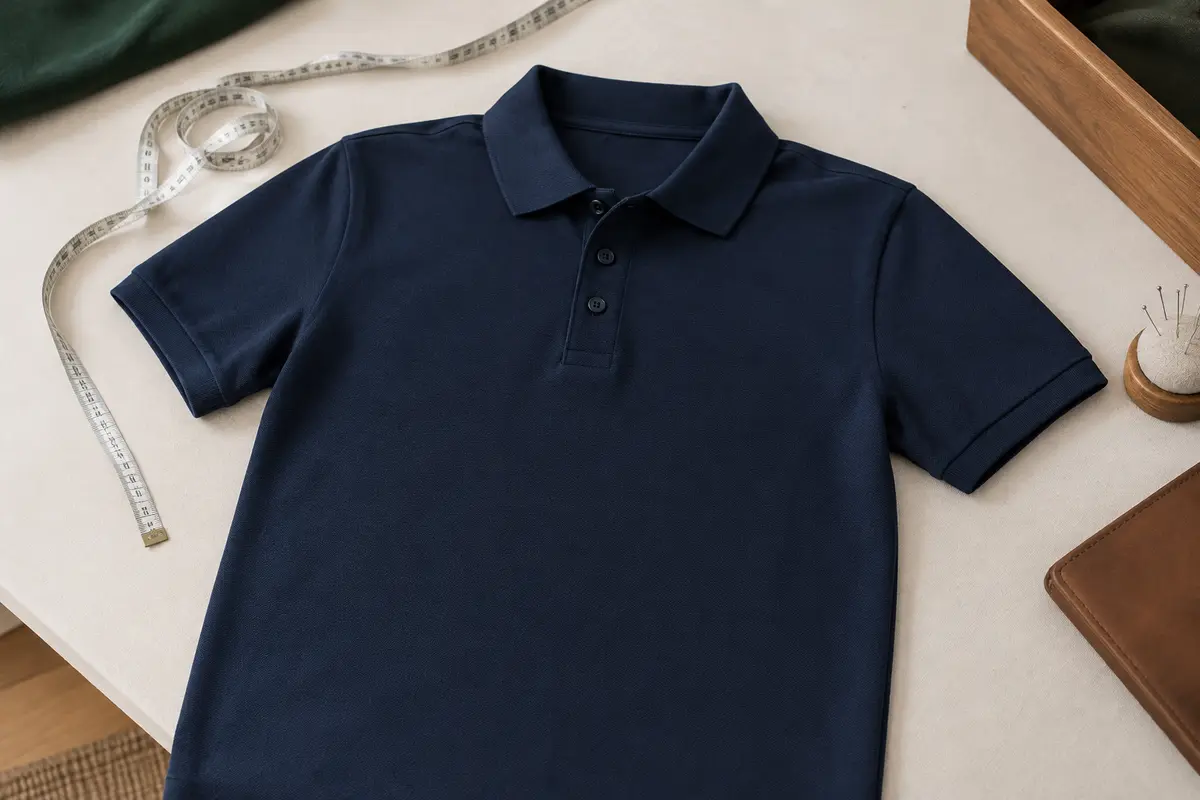 Polo bleu marine posé à plat avec un mètre ruban près des épaules pour évaluer sa coupe et sa taille.