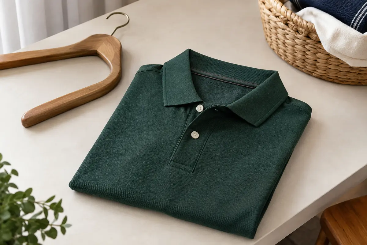 Polo homme posé à plat, col remis en forme près d’un cintre large et d’un panier de linge
