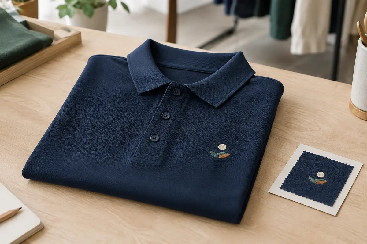 Polo bleu marine posé à plat, montrant la texture du tissu et un petit marquage brodé sur la poitrine.