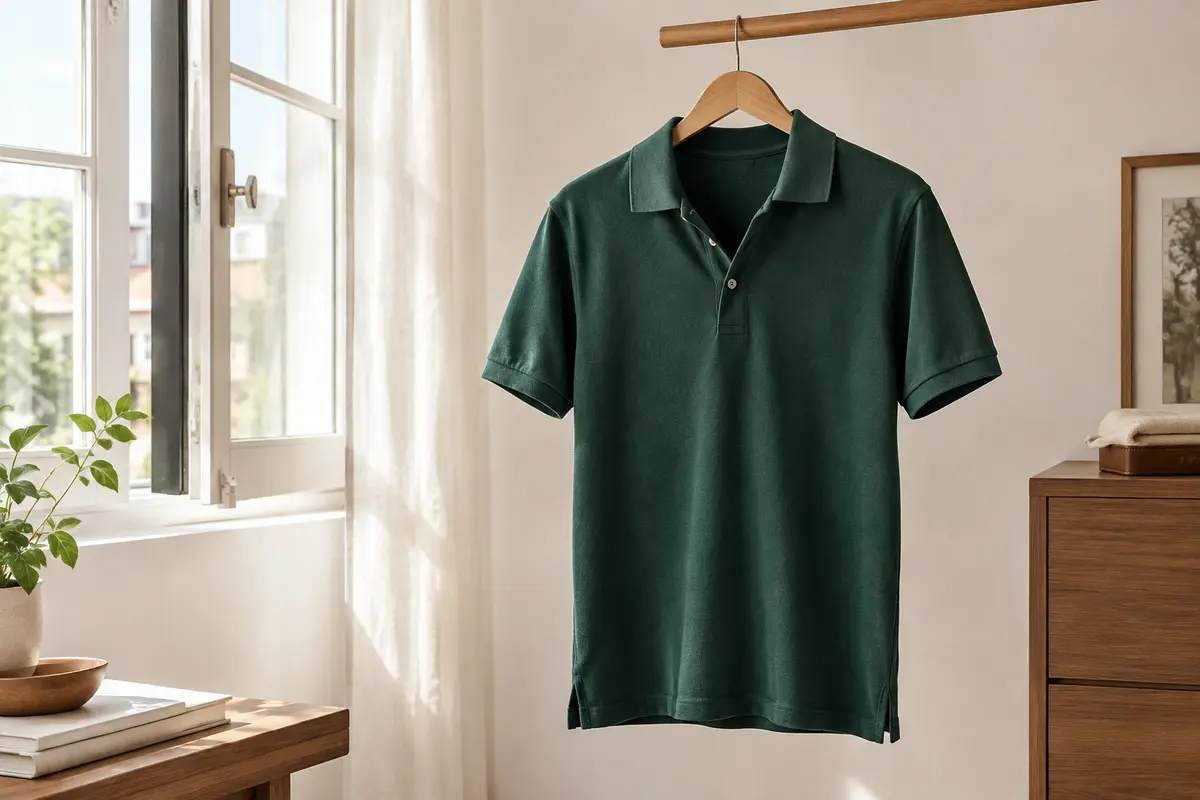 Polo homme uni suspendu dans une pièce aérée pour sécher entre deux utilisations.