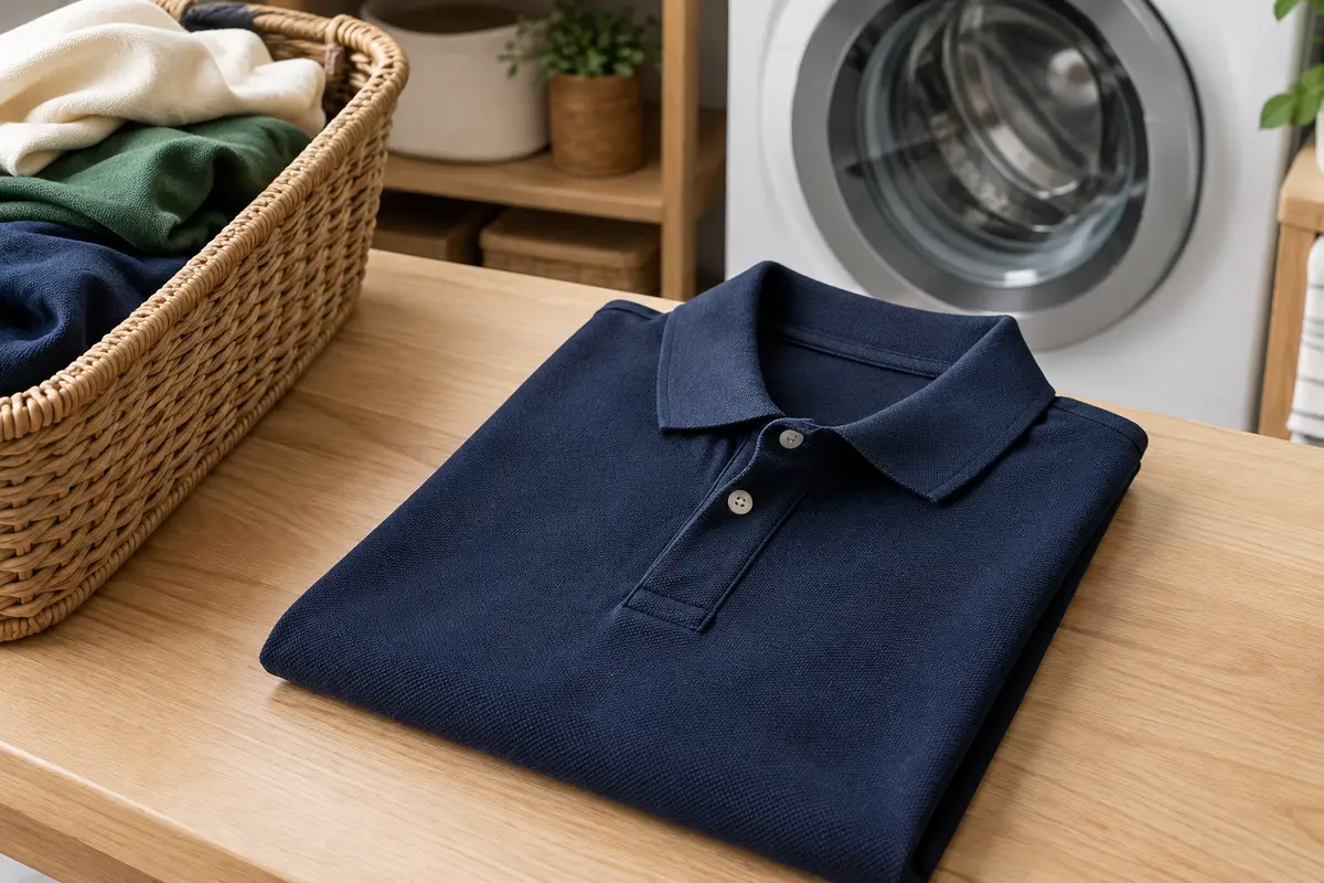Polo bleu marine en coton piqué posé près d’un linge trié avant le lavage