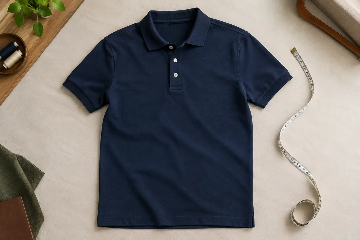 Polo bleu marine posé à plat avec un mètre ruban souple évoquant la mesure du tour de poitrine