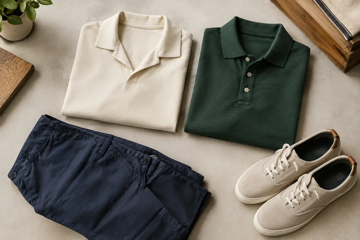 Deux polos posés côte à côte, l’un à col ouvert et l’autre avec col classique boutonné.