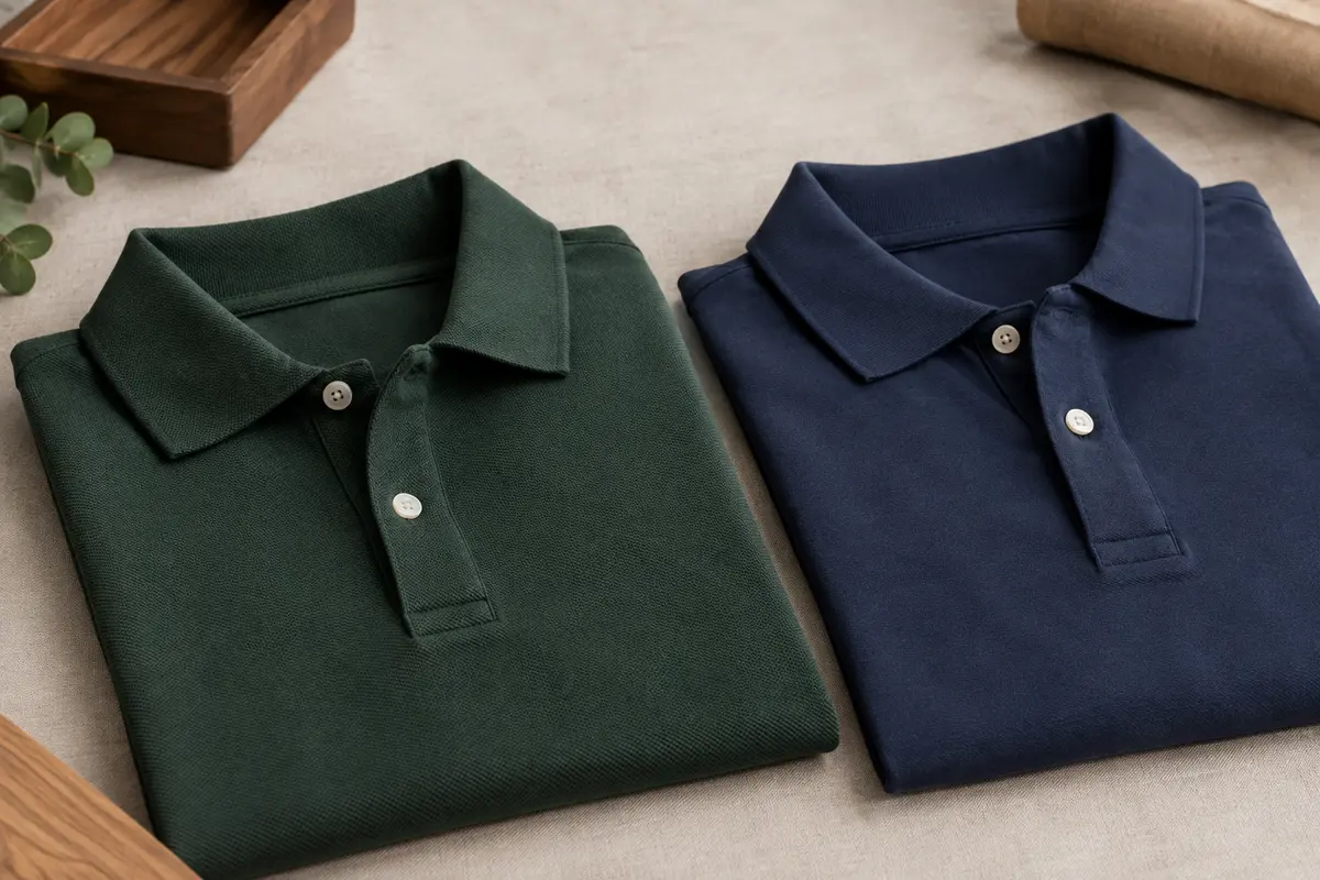 Deux polos pliés montrent le relief du coton piqué et la surface lisse d’un jersey