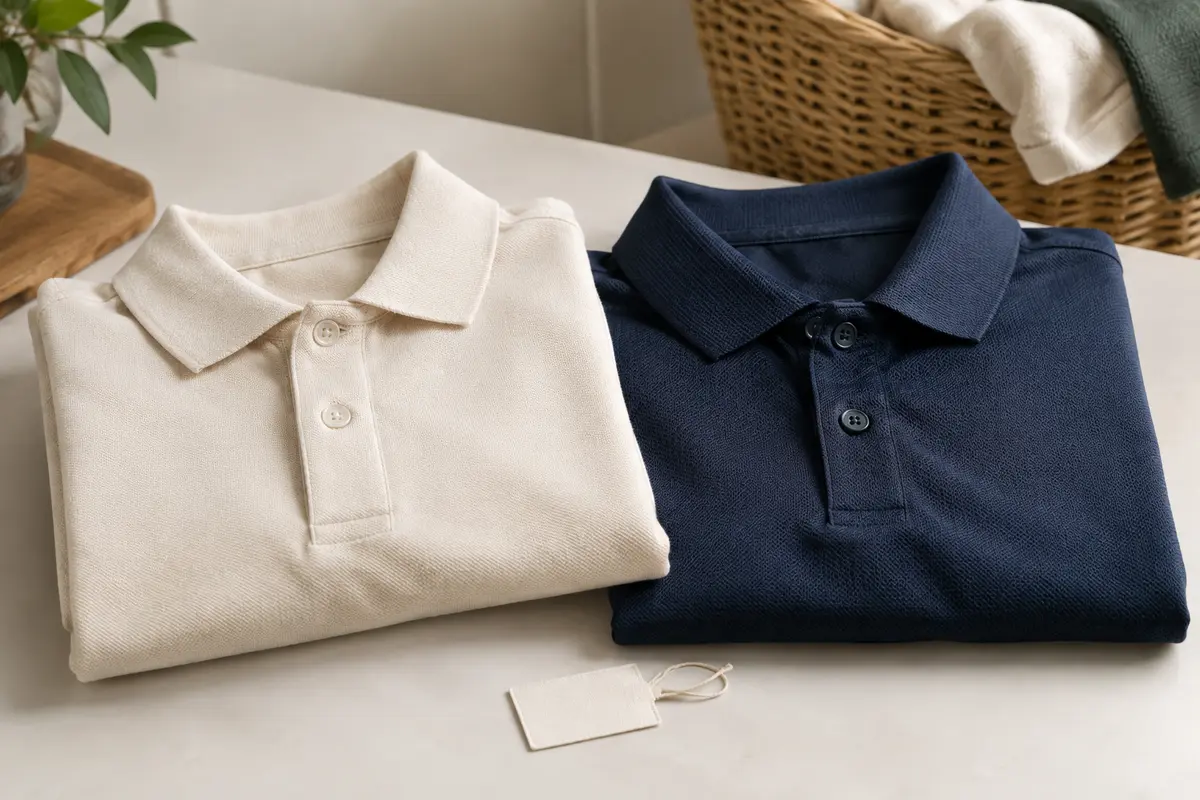 Deux polos pliés côte à côte montrent les textures différentes du coton et du polyester.