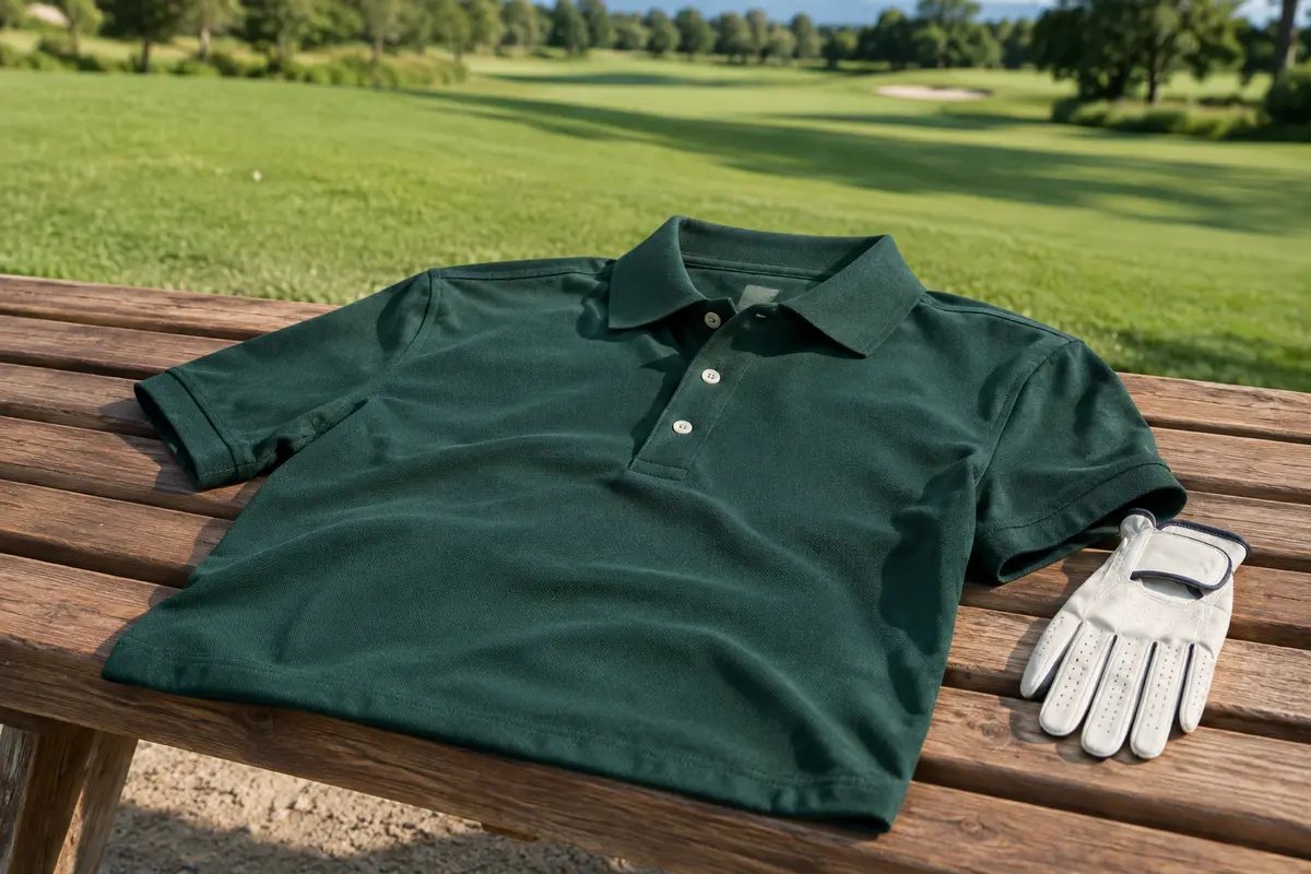 Polo de golf pour homme à manches courtes posé près d’un fairway ensoleillé