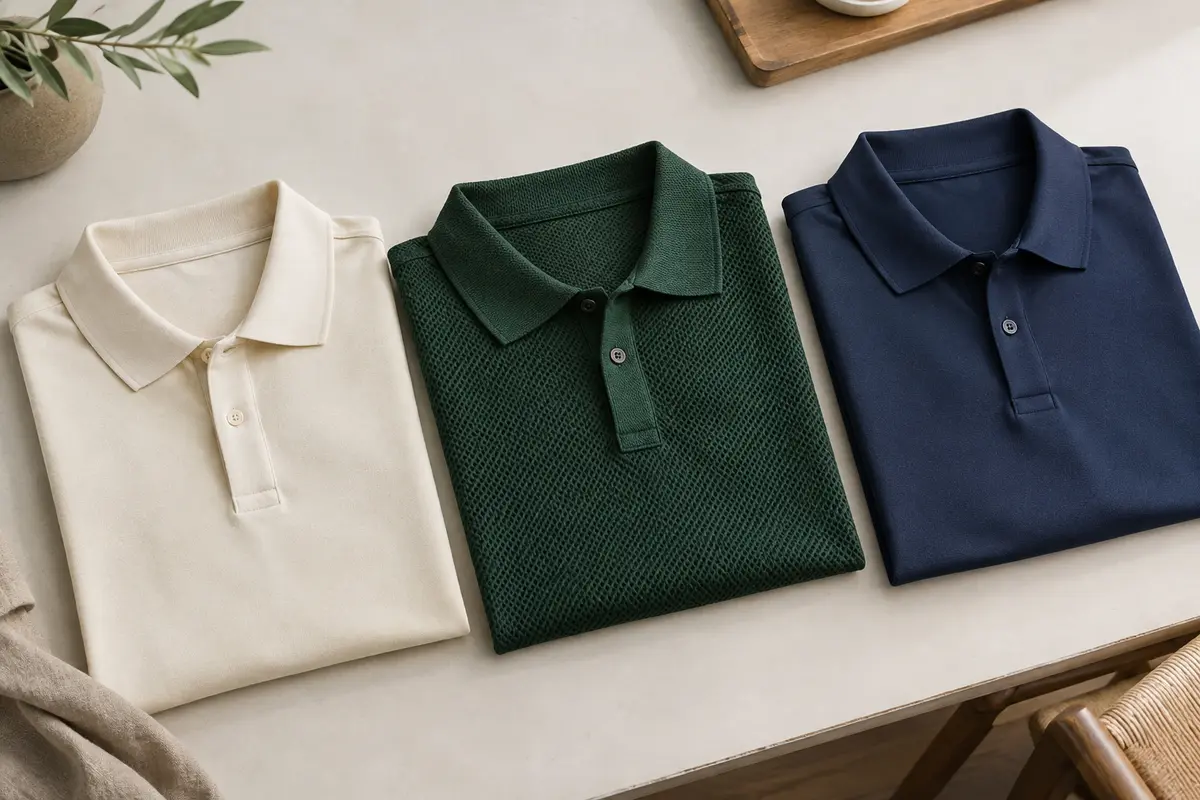 Trois polos pour homme comparant un coton léger, une maille texturée et un tissu sportif.