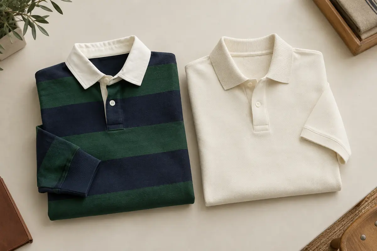 Deux polos pour homme comparés, l’un à col structuré et maille dense, l’autre à col souple et tissu piqué.