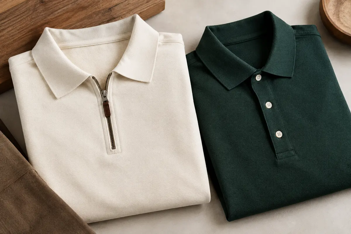 Deux polos posés à plat, l’un avec un zip et l’autre avec une patte de boutonnage