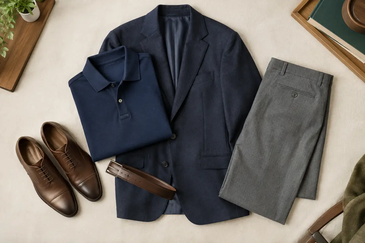 Polo bleu marine, pantalon gris et veste sobre réunis pour une tenue de bureau soignée