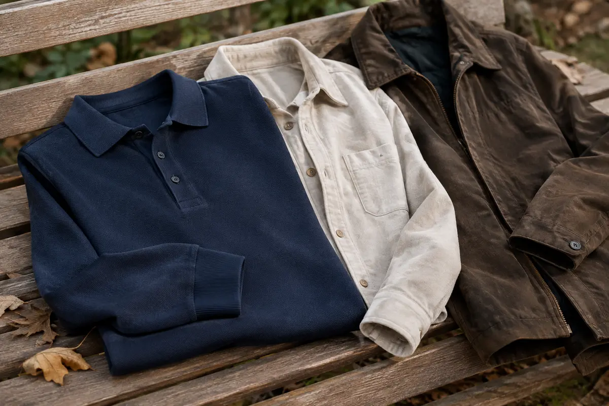 Polo homme à manches longues posé avec une surchemise et une veste pour illustrer la superposition par temps frais.