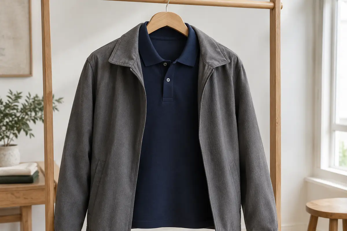 Polo bleu marine au col plat porté sous une veste grise, sans plis visibles sur le torse.