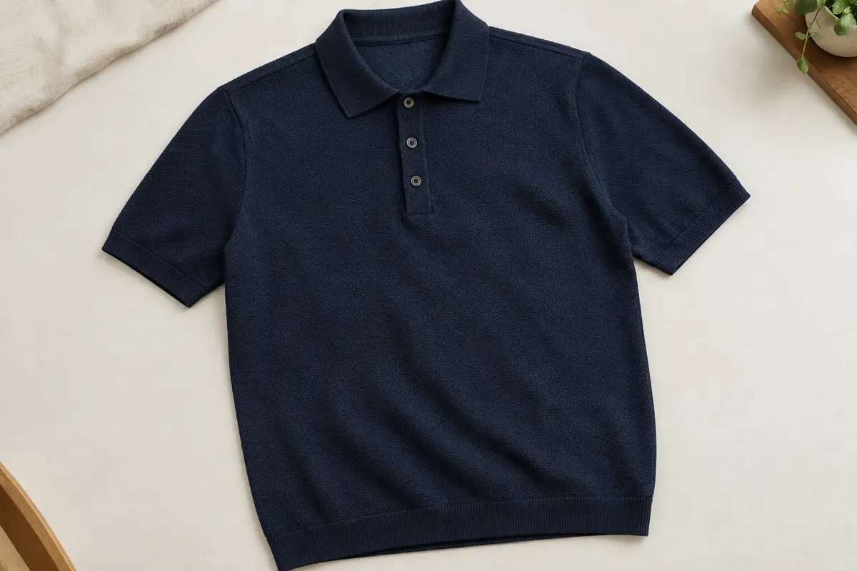 Polo homme bleu marine en maille posé à plat, montrant le col, les coutures et la texture du tissu.