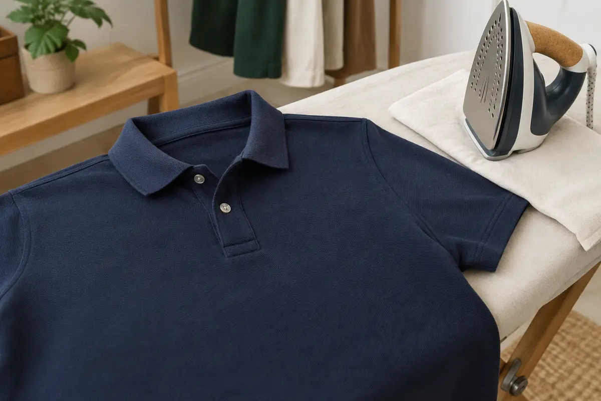Polo bleu marine en piqué posé à plat avec une pattemouille près du fer à repasser