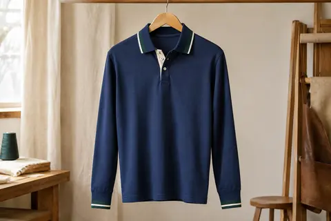 Polo homme bleu à manches longues en coton, avec détails contrastants, suspendu dans un atelier épuré