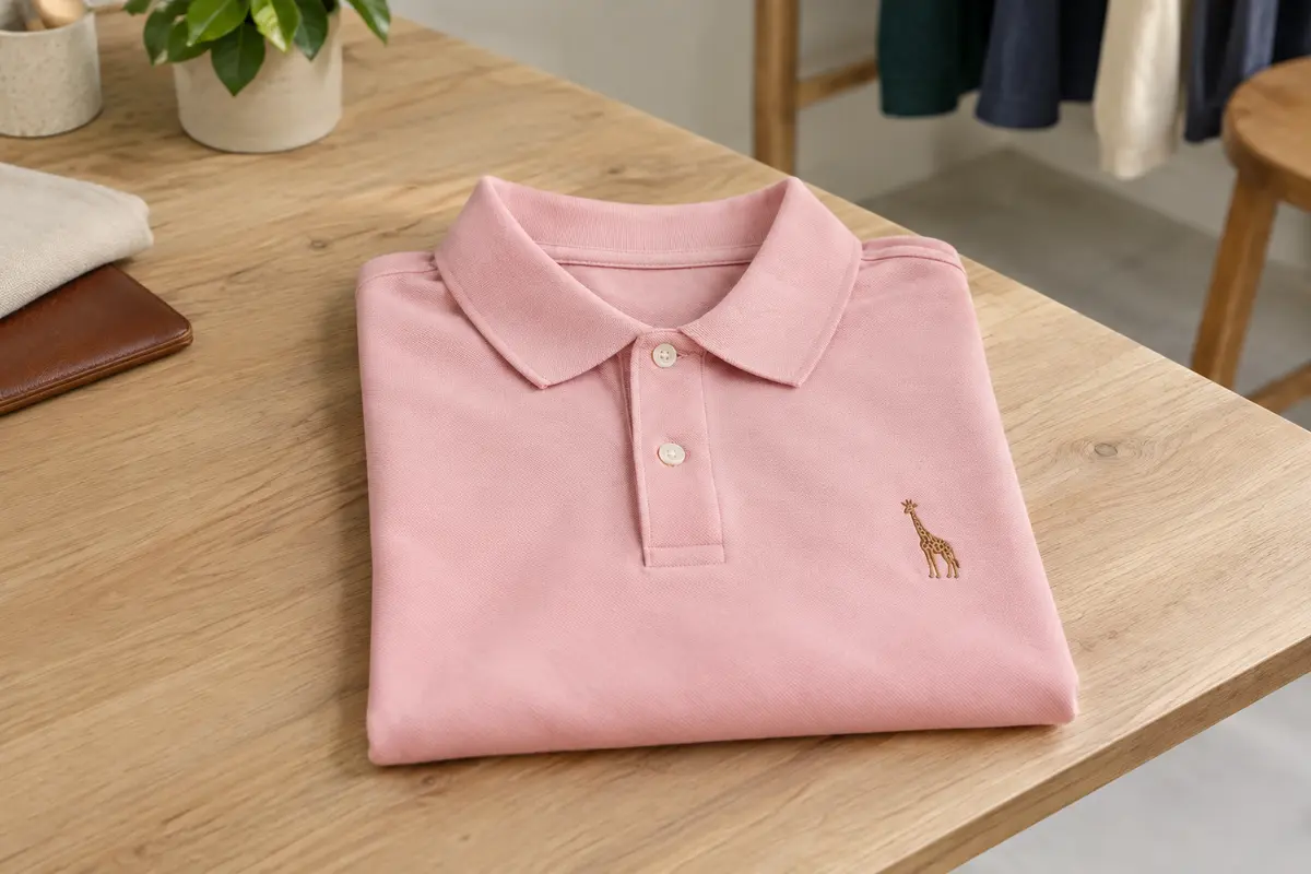 Polo homme rose en coton à manches courtes, plié dans un atelier, avec broderie girafe visible