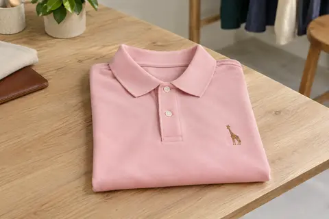 Polo homme rose en coton à manches courtes, plié dans un atelier, avec broderie girafe visible