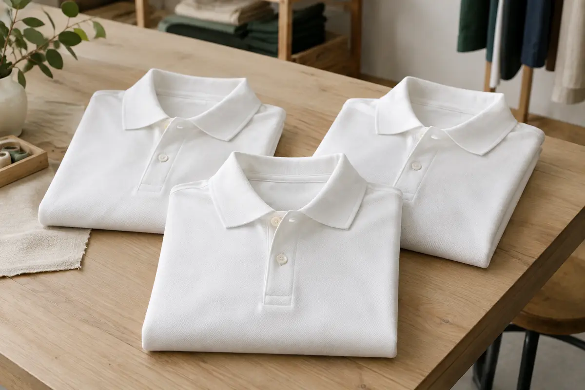 Trois polos homme blancs en coton piqué, pliés sur une table en bois dans un atelier épuré.
