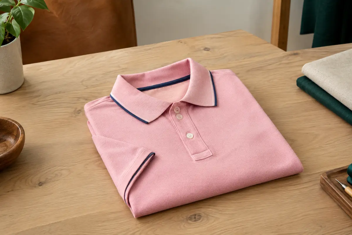 Polo homme rose en coton, plié sur une table de bois, avec col et coutures contrastés