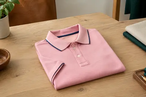 Polo homme rose en coton, plié sur une table de bois, avec col et coutures contrastés