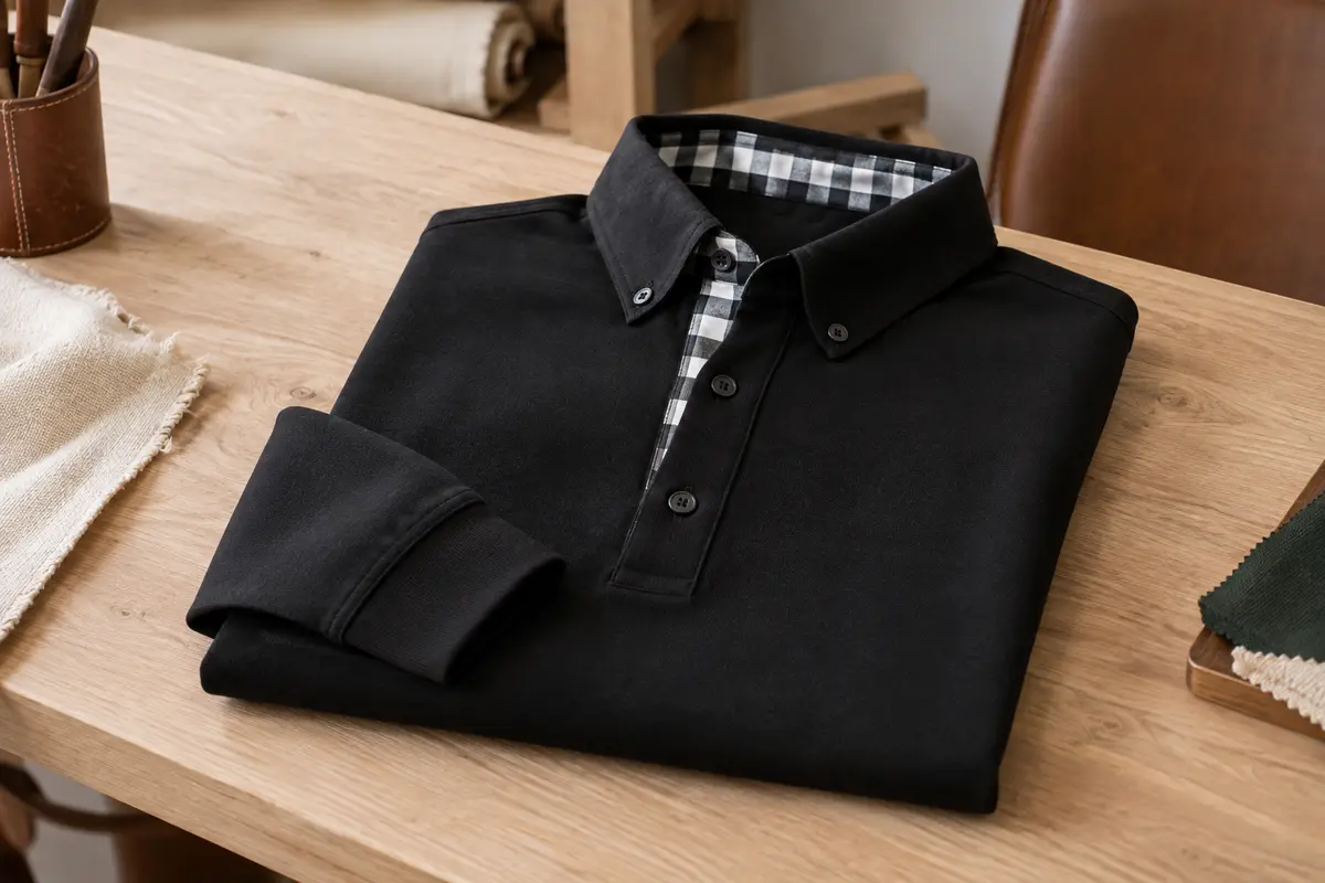Polo homme noir à manches longues, avec col boutonné et patte à carreaux noirs, blancs et gris.