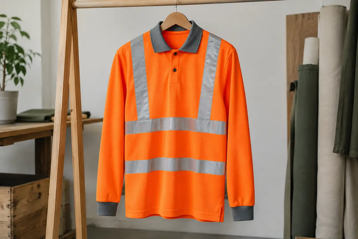 Polo de travail orange à manches longues, col gris contrasté et bandes rétroréfléchissantes sur cintre.