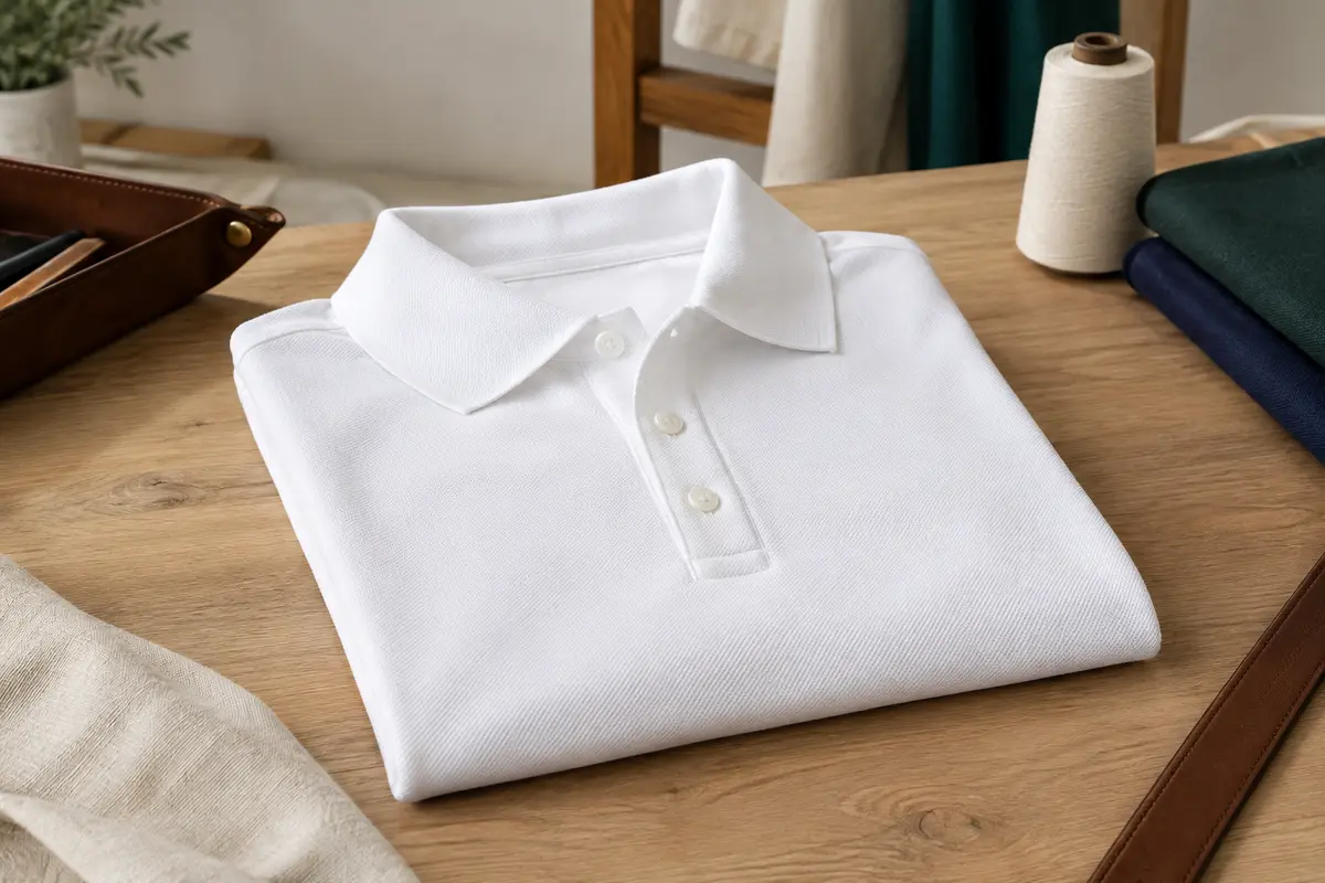 Polo de golf blanc en polyester micro-texturé, soigneusement plié sur une table d’atelier en bois clair.