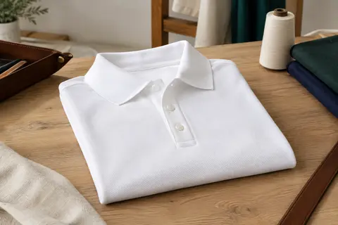 Polo de golf blanc en polyester micro-texturé, soigneusement plié sur une table d’atelier en bois clair.