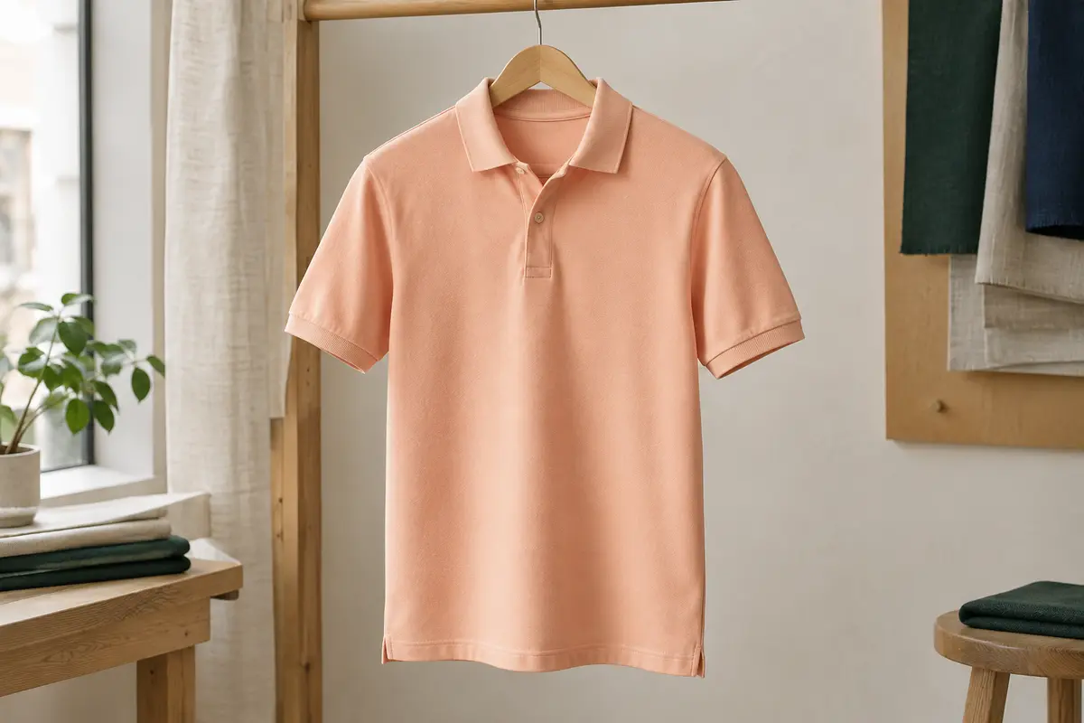 Polo Calvin Klein Campus pêche à col et poignets côtelés, suspendu dans un atelier épuré