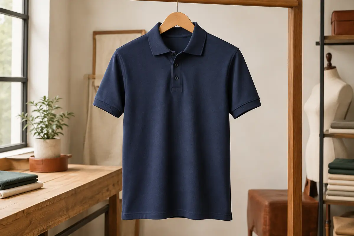 Polo de golf en micro-jersey bleu marine sur cintre, avec col tricoté et patte à trois boutons.