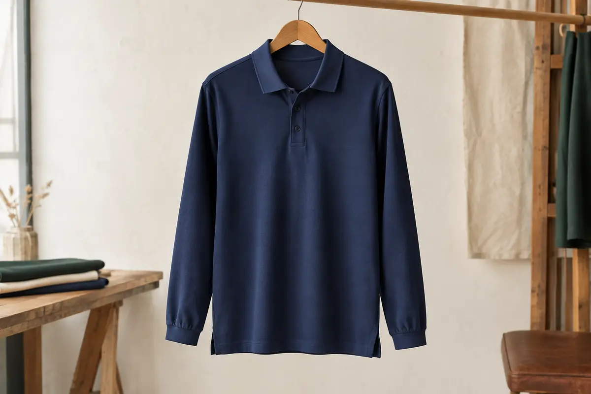 Polo homme bleu marine à manches longues en micro-maille, sur cintre dans un atelier épuré.