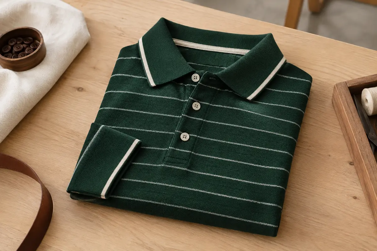 Polo homme en maille rayée vert foncé, col boutonné et poignets contrastés, soigneusement plié sur une table.