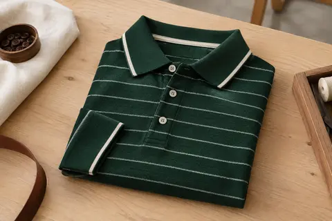 Polo homme en maille rayée vert foncé, col boutonné et poignets contrastés, soigneusement plié sur une table.