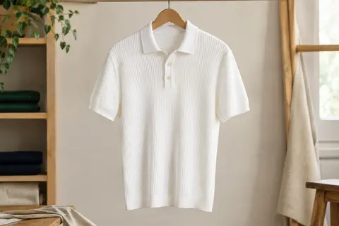 Polo homme blanc en maille côtelée à manches courtes et col rabattu, présenté sur un cintre en bois