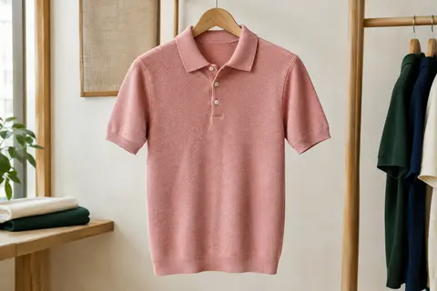 Polo homme rose en maille texturée à manches courtes, suspendu sur un cintre en bois dans un atelier