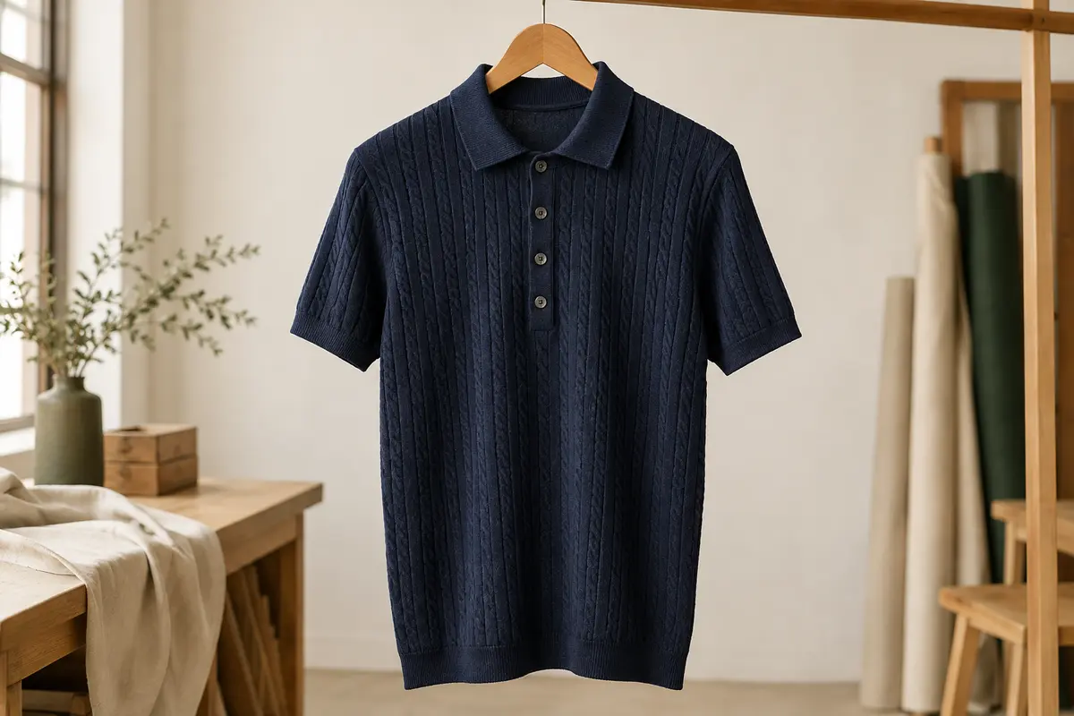 Polo homme bleu marine en maille torsadée, suspendu sur un cintre dans un atelier épuré.
