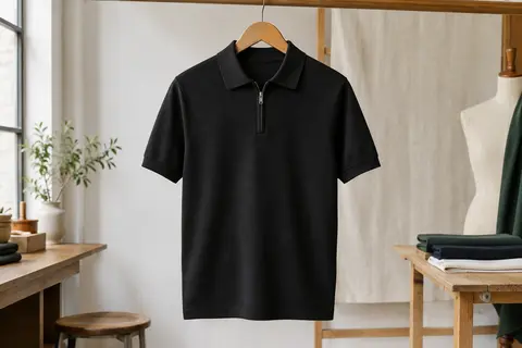 Polo homme noir à manches courtes en maille, présenté sur cintre avec son col et son zip visibles.