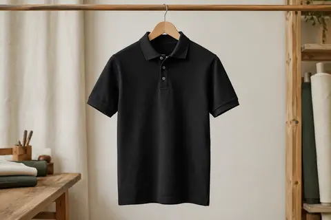Polo homme noir en maille piquée, manches courtes et col boutonné, présenté seul sur un cintre en bois.