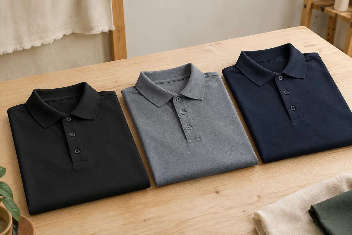 Trois polos pour homme en polyester, noirs, gris et marine, pliés dans un atelier lumineux