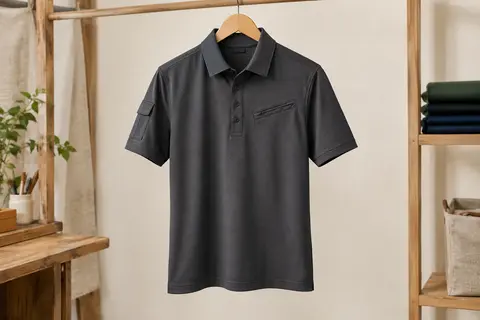 Polo de golf pour homme gris foncé, à manches courtes, présenté sur cintre dans un atelier épuré.