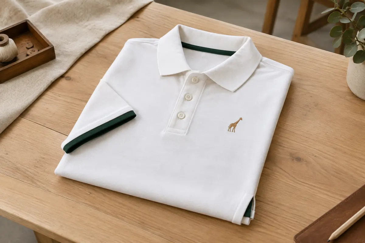 Polo blanc pour homme à manches courtes, broderie girafe et poignets contrastés, présenté plié sur une table en bois clair.